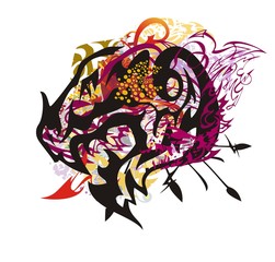 Grunge colorful dragon head splashes. Scary closeup dragon head with an open jaw with linear patterns and red arrows, colorful drops