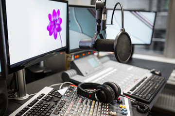 Microphone, Music Mixers And Headphones By Monitors In Radio Stu