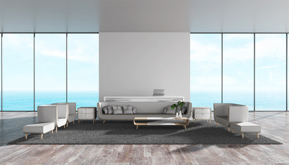 modern interior living room with sofa set. boss room sea view panorama 3d rendering
