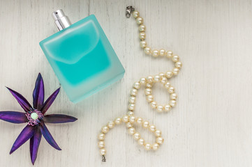 Workplace with laptop and women accessories, top view