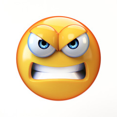 Angry emoji isolated on white background, mad emoticon 3d rendering