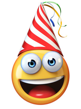 Celebration Emoji isolated on white background, emoticon with birthday cap 3d rendering