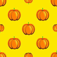 Seamless pumpkin pattern on yellow background. Vector illustration design for textile, gift wrap, background. 