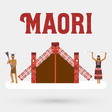 Flat Design, Illustration Of Maori People And Maori Meeting House, Vector