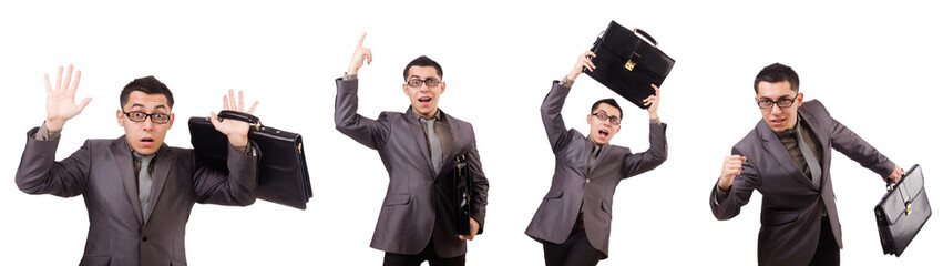 Young man holding briefcase isolated on white