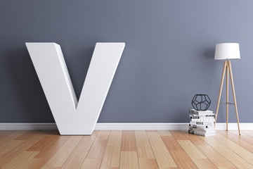 Mock up interior font 3d rendering letter V