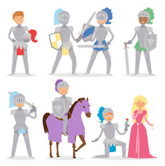 Knight cartoon hero character with horse and princess armor warrior people brave medieval costume soldier vector illustration.