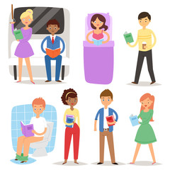 Cartoon people reading books students and adult characters education vector illustration.