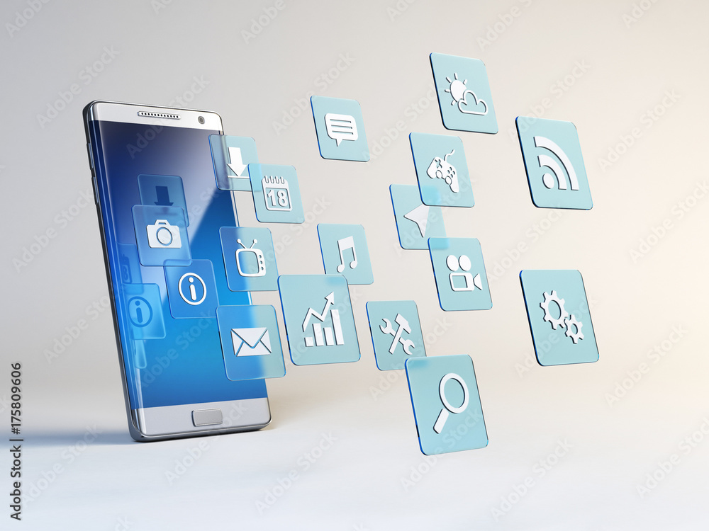 Aufkleber mobile app concept, application icons around smart phone 3d rendering