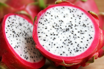 Dragon fruit cut on wooden board - macro shot