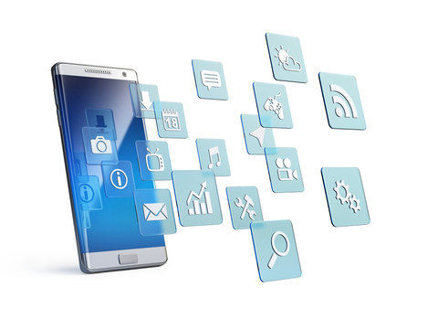 Mobile app concept, application icons around smart phone 3d rendering