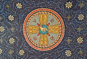 Fototapeta na wymiar Mosaic on sealing of monastery entrance, serbia