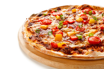 Pizza pepperoni with tomatoes, mushrooms and pepper