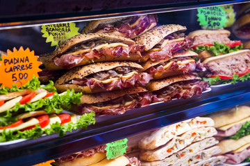 Different types of delicious street food and snacks in Venice, Italy