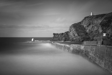 Portreath harbour and beach cornwall monotone