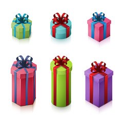 Set of gift boxes with bows and ribbons. Isometric illustration 