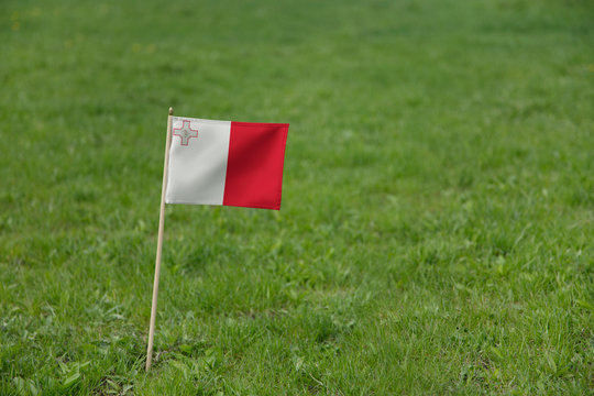 Malta flag, Maltese flag on a green grass lawn field background. National flag of Malta waving outdoor