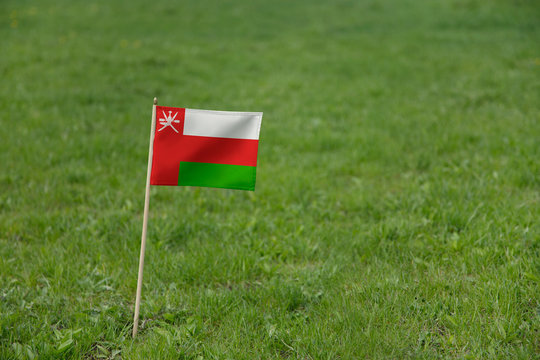 Oman flag on a green grass lawn field background. National flag of Oman waving outdoor