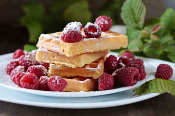 Waffles with raspberry .