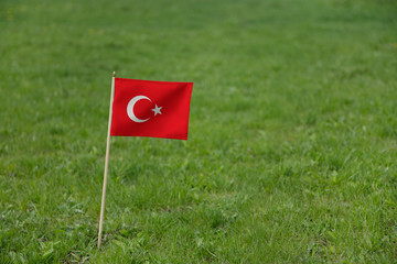 Turkey flag,  Turkish flag on a green grass lawn field background. National flag of Turkey waving outdoors	