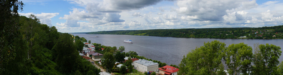 Panorama of the Volga River/The summer water landscape of the Volga River. Panorama. Plyos, Ivanovo region, Russia. The Golden ring of Russia