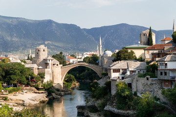 Fototapeta na wymiar The Old Bridge on river Neretva, Mostar, Bosnia and Herzegovina.