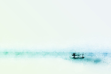Abstract Long boat fishing in sea, Fishing boat on watercolor paining background and colorful splash brush to art..