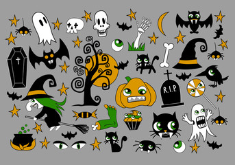 Set of halloween element patches: pumpkin, Skull, Spider, Slime, Cat, Bat, Bone . Halloween icon collection.