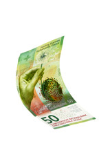 Flying Swiss money  - the new issue of 50 francs note isolated with clipping path