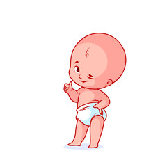 Very cute little baby in a white diaper with a thumb up.