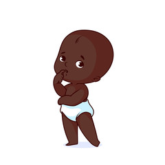 Very cute pensive baby in a white diaper.