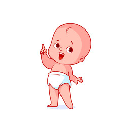 Very cute little baby in a white diaper with a finger up.