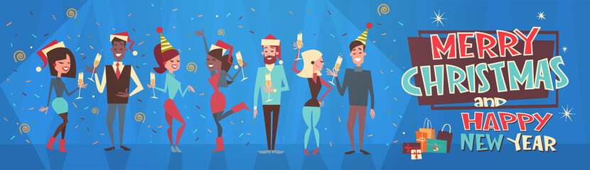 People Celebrate Merry Christmas And Happy New Year Men And Women Wear Santa Hats Holiday Eve Party Concept Flat Vector Illustration