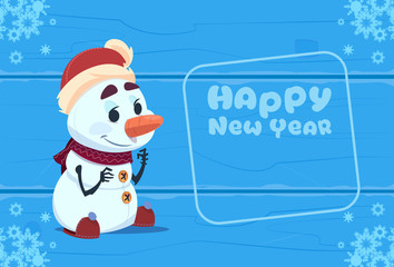 Cute Snowman On Happy New Year Greeting Card Christmas Holiday Concept Flat Vector Illustration