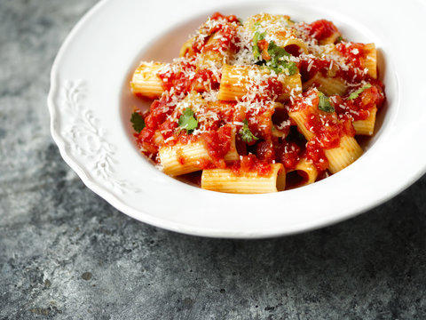 Rustic Italian Rigatoni Pasta In Tomato Sauce