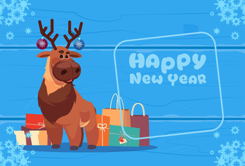Cute Deer On Happy New Year Greeting Card Christmas Holiday Concept Flat Vector Illustration