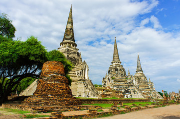 Fototapeta premium Ancient pagodas on red brick floor step are Ayutthaya, Thailand. This have tree and blue sky be background and ground on foreground of picture.