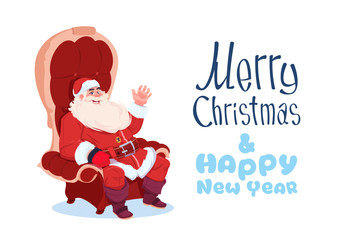 Merry Christmas And Happy New Year Greeting Card With Santa Claus Sitting In Armchair Winter Holidays Banner Concept Flat Vector Illustration