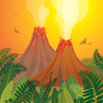 Prehistoric nature landscape - volcanoes, dinosaurs, fern.