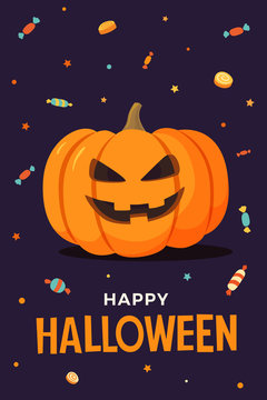 Happy Halloween. Vector illustration pumpkin with smiling face on dark background, candy and lollipops. Template for design of flyers, posters, greeting cards and banners.