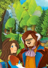 Cartoon scene with some beautiful married couple in forest - illustration for children