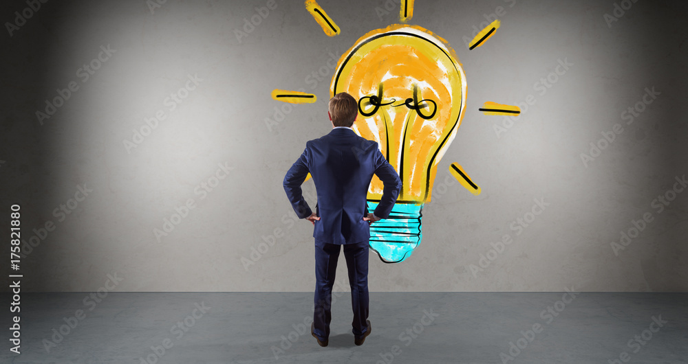 Poster businessman watching lightbulb sketch on a wall 3d rendering