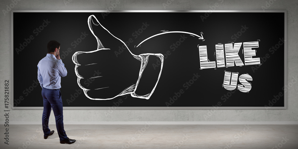 Poster businessman watching thumb up sketch on a board 3d rendering
