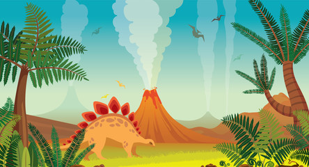 Prehistoric nature landscape - volcanoes, dinosaurs, plants.