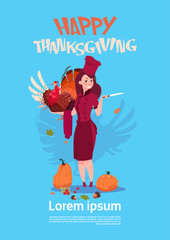 Happy Thanksgiving Day Female Chef Cook Holding Turkey Restaurant Autumn Traditional Holiday Menu Concept Greeting Card Flat Vector Illustration