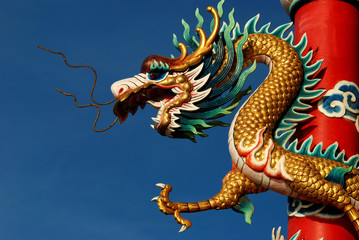 Fototapeta premium Chinese dragon in front of blue sky.