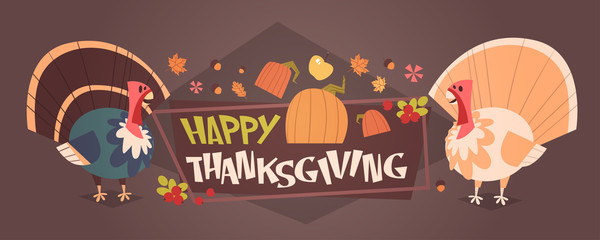 Happy Thanksgiving Day Autumn Traditional Harvest Holiday Greeting Card With Turkey Flat Vector Illustration