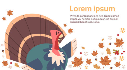 Happy Thanksgiving Day Autumn Traditional Harvest Holiday Greeting Card With Turkey Flat Vector Illustration