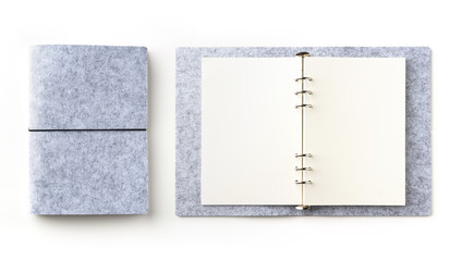 Business concept - Top view collection of grey spiral notebook on white background desk for mockup