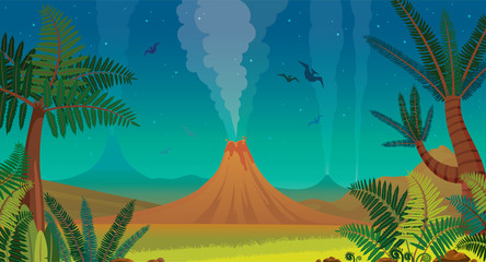 Prehistoric nature - volcano, pterodactyl, fern and night sky.